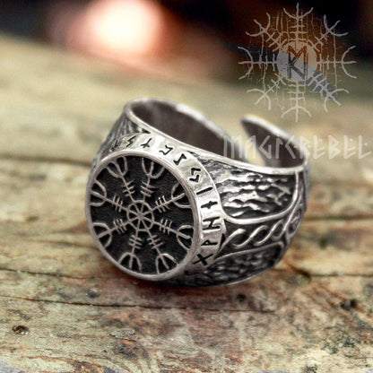 Silver Viking Ring Helm of Awe Aegishjalmur Futhark Magic Stave Runic Adjustable Size Ring