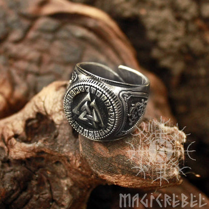 Silver Viking Valknut Mens Ring, Futhark Runes Odin Nordic Adjustable Size Ring