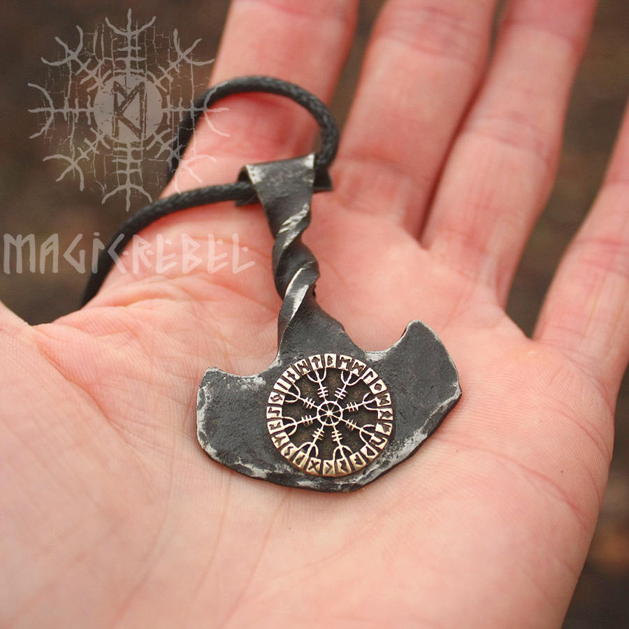 Forged Iron Thor Hammer Viking Mjolnir Bronze Aegishjalmur Helm of Awe Futhark Handmade Pendant