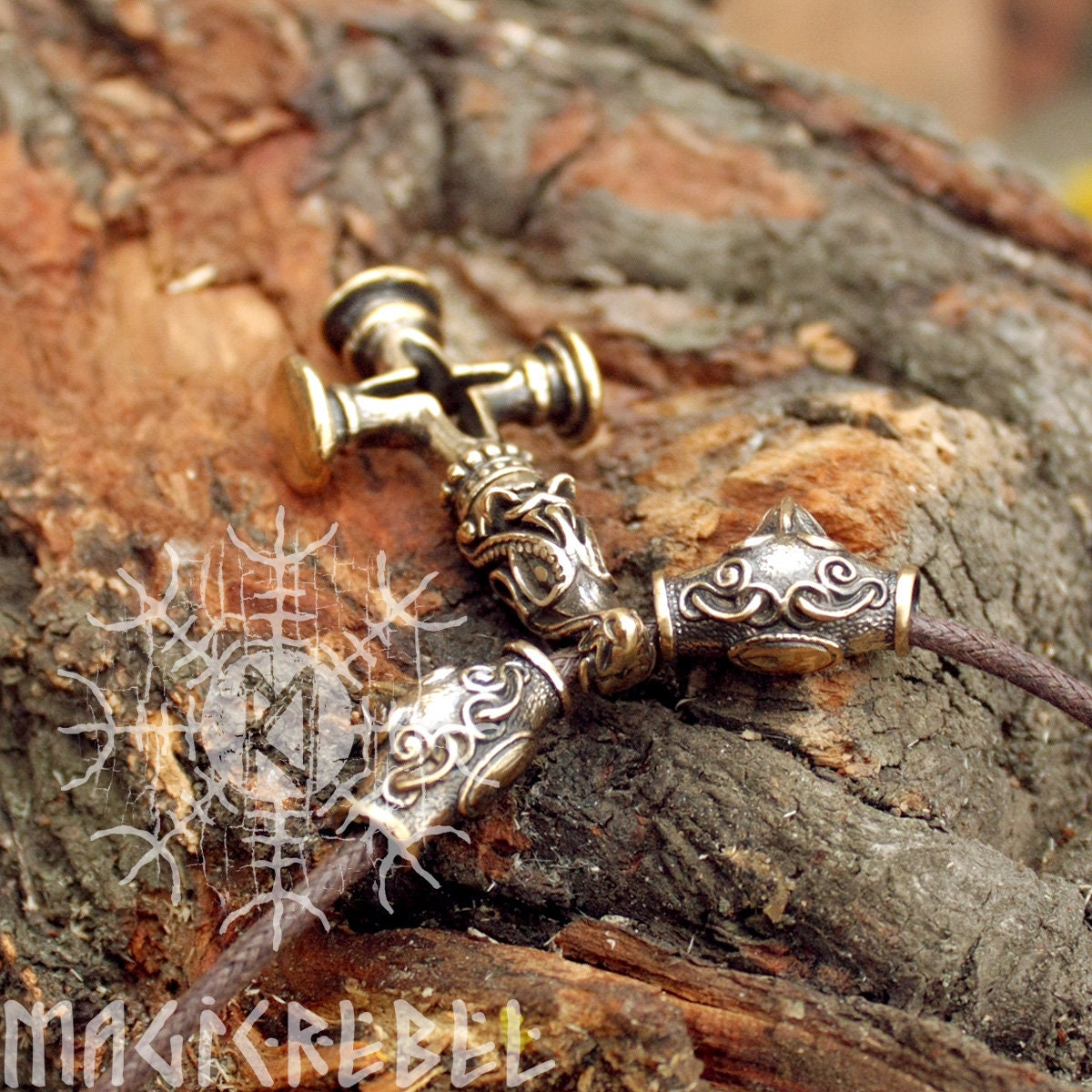 Mjolnir Thor Hammer Olaf Cross Wolf Ravens Viking Bronze Pendant Necklace