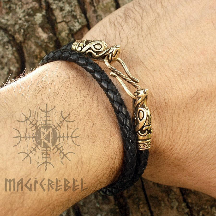 Viking Genuine Leather Double Loop Bracelet with Bronze Wolf Heads, Braided & Round Three Colors
