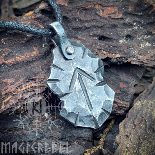 Forged Iron Teiwaz Rune, Viking Runic Amulet Nordic Pendant, Hammered Talisman Necklace