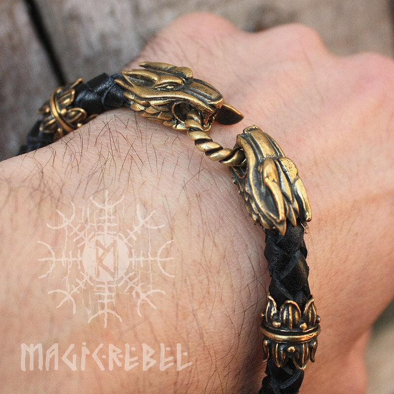 Viking Handmade Braided Black Genuine Leather Bracelet with Bronze Wolf Heads