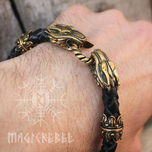 Viking Handmade Braided Black Genuine Leather Bracelet with Bronze Wolf Heads