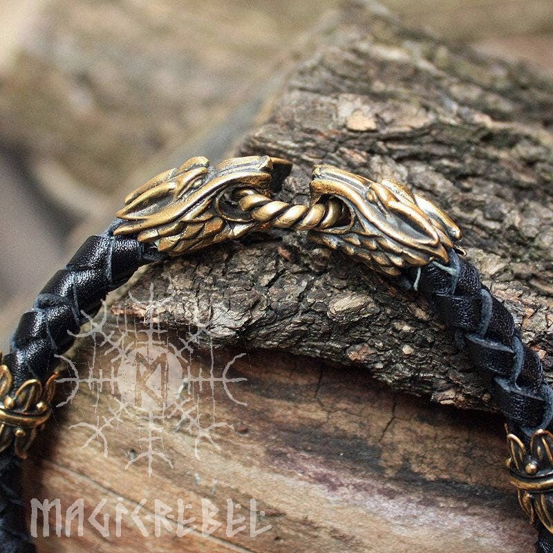 Viking Handmade Braided Black Genuine Leather Bracelet with Bronze Wolf Heads