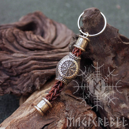 Bronze Vegvisir Aegishjalmur Bead Handmade Braided Brown Genuine Leather Keychain Zipper Charm