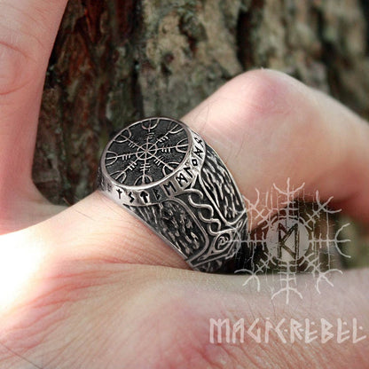 Silver Viking Ring Helm of Awe Aegishjalmur Futhark Magic Stave Runic Adjustable Size Ring