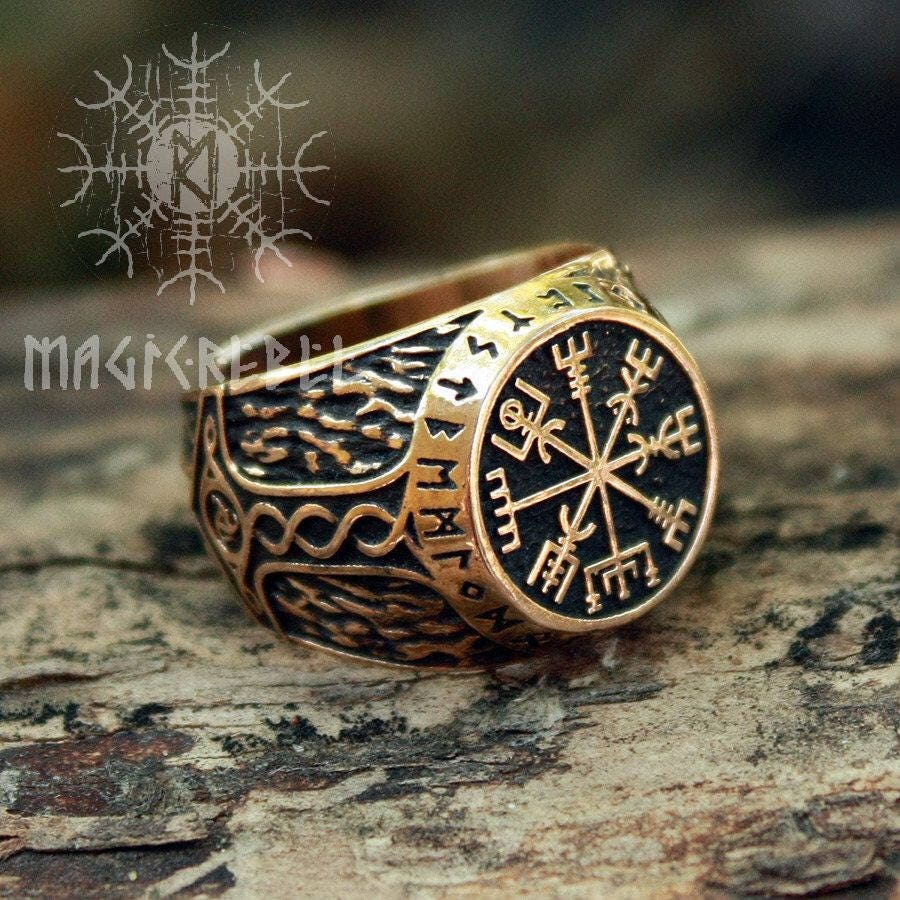 Viking Ring Vegvisir Futhark Runes Compass Magic Stave Nordic Adjustable Size Bronze