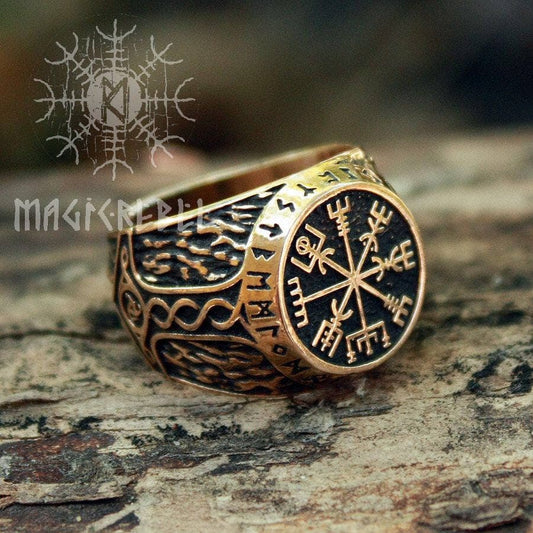 Viking Ring Vegvisir Futhark Runes Compass Magic Stave Nordic Adjustable Size Bronze