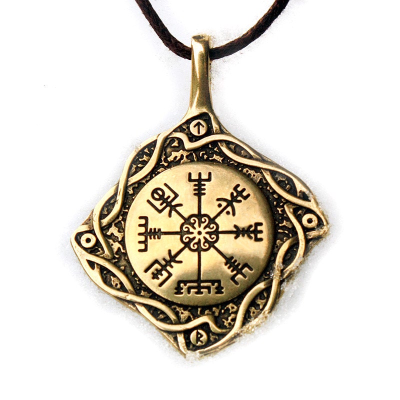 Vegvisir Viking Bronze Pendant Compass, Icelandic Magic Stave Runic Nordic Necklace