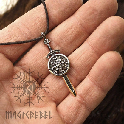 Viking Vegvisir Pendant, Aegishjalmur Pendant, Sword and Shield Protection Amulet, Nordic Necklace