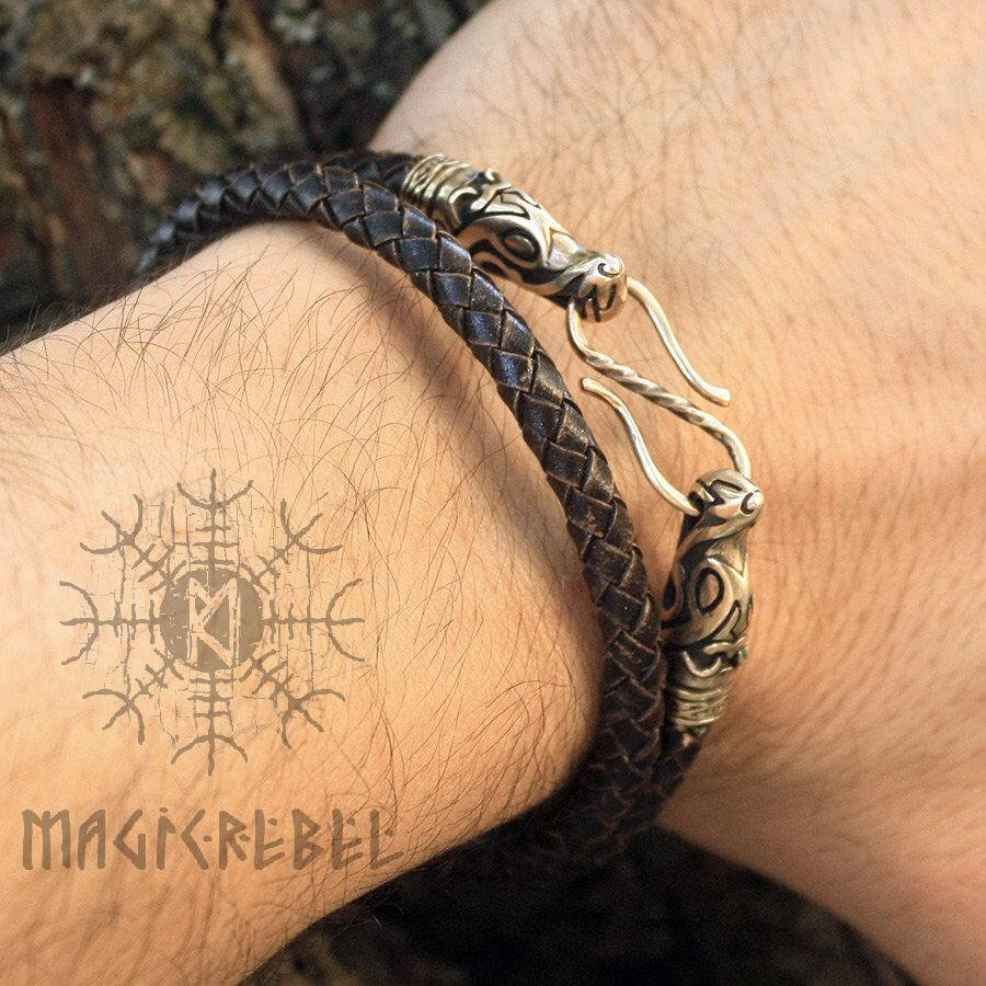 Viking Genuine Leather Double Loop Bracelet with Bronze Wolf Heads, Braided & Round Three Colors