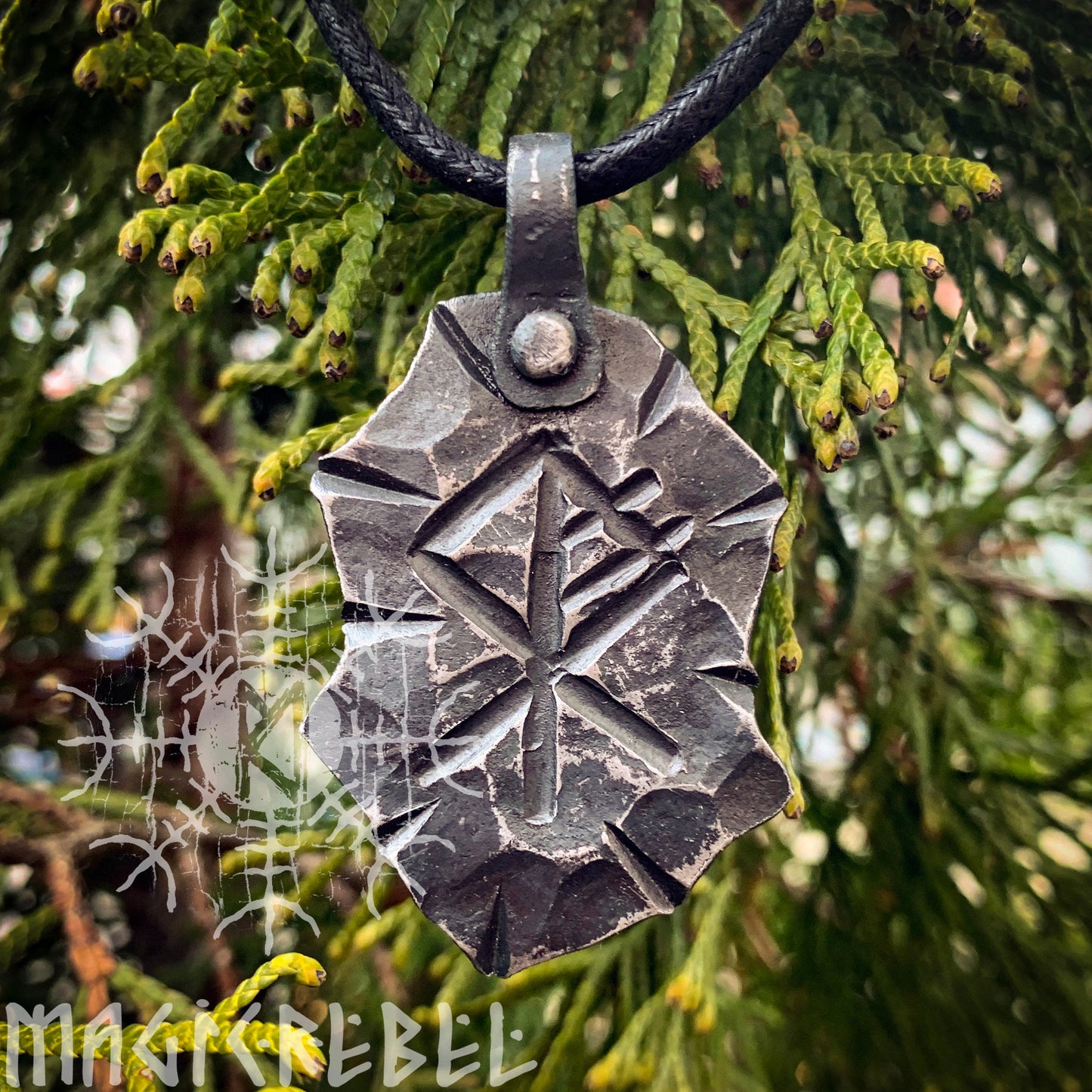 Forged Iron Wolf Rune Pendant, Viking Fenrir Runic Amulet, Nordic Rustic Hammered Talisman Necklace