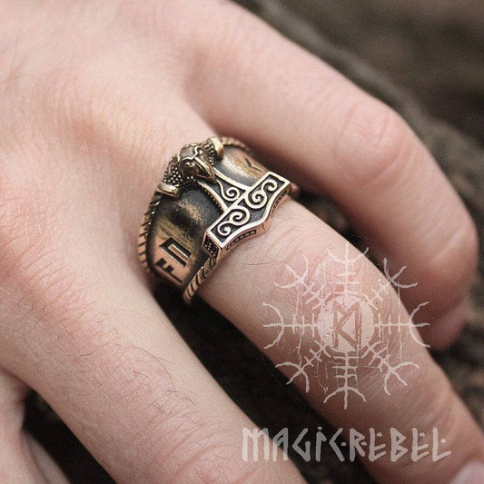 Viking Bronze AUJA Ring. Good Luck Runes, Mjolnir Thor Hammer Nordic Adjustable Size