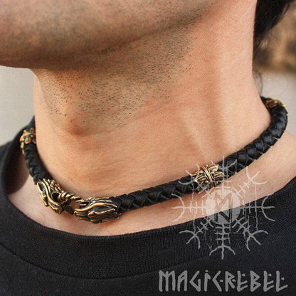 Viking Wolf Heads Braided Genuine Leather Necklace, Bronze Leather Necklace