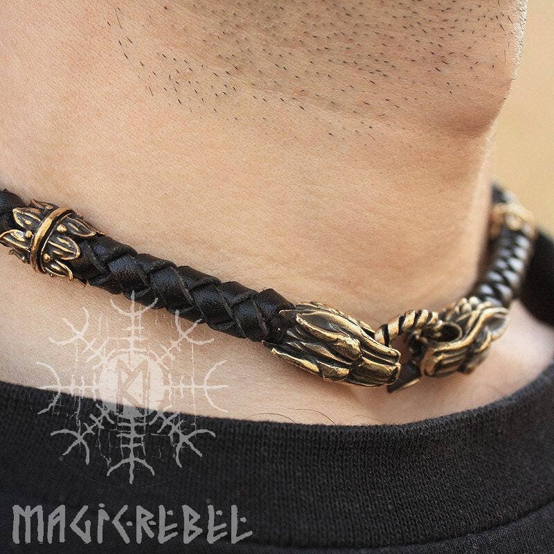 Viking Wolf Heads Braided Genuine Leather Necklace, Bronze Leather Necklace