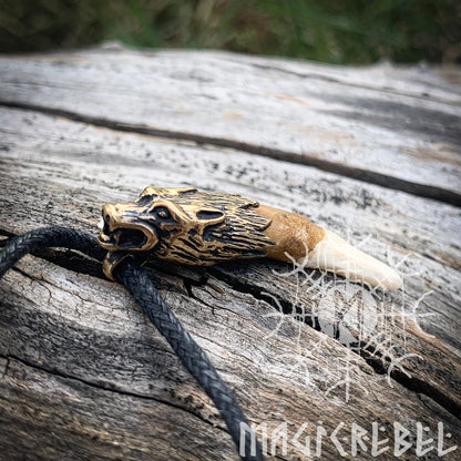 Wolf Fang Viking Pendant, Tusk Pagan Pendant, Tribal Bronze Amulet Necklace