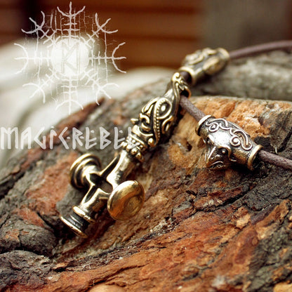 Mjolnir Thor Hammer Olaf Cross Wolf Ravens Viking Bronze Pendant Necklace