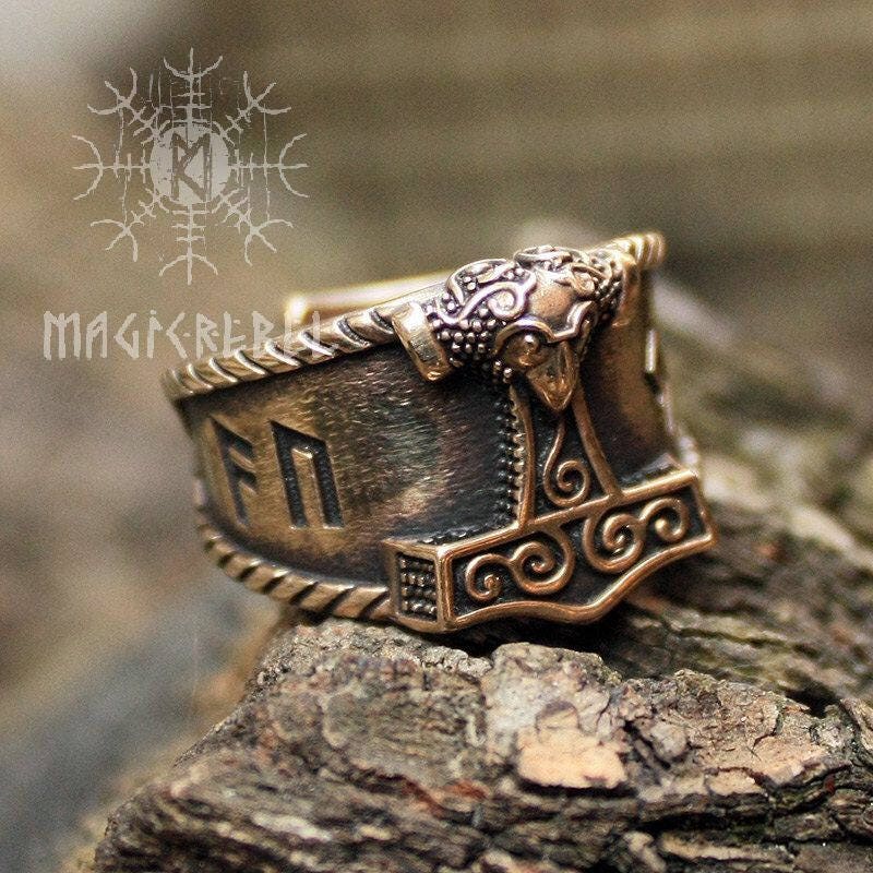Viking Bronze AUJA Ring. Good Luck Runes, Mjolnir Thor Hammer Nordic Adjustable Size