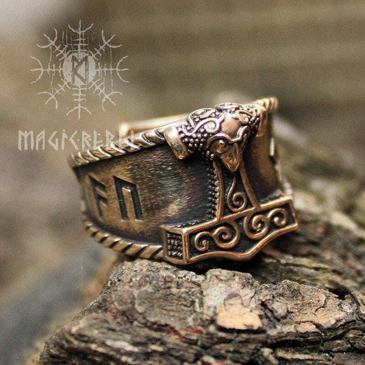 Viking Bronze AUJA Ring. Good Luck Runes, Mjolnir Thor Hammer Nordic Adjustable Size