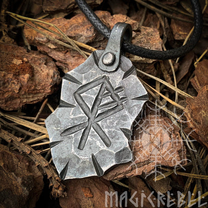 Forged Iron Wolf Rune Pendant, Viking Fenrir Runic Amulet, Nordic Rustic Hammered Talisman Necklace