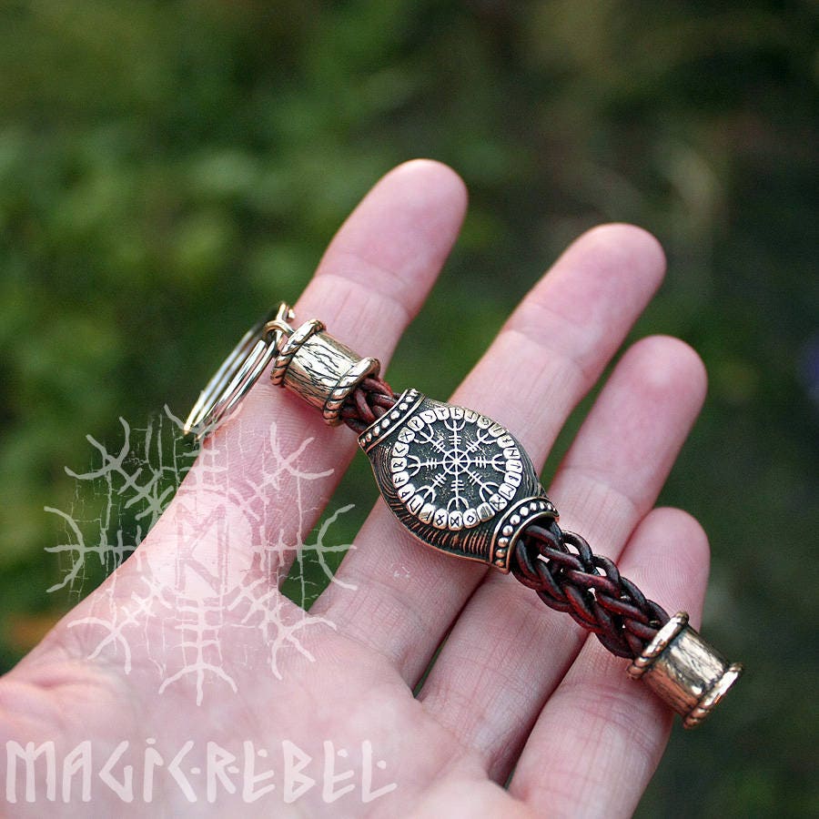 Bronze Vegvisir Aegishjalmur Bead Handmade Braided Brown Genuine Leather Keychain Zipper Charm