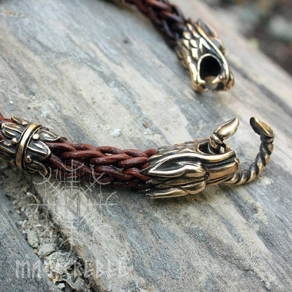 Viking Handmade Braided Brown Round Genuine Leather Bracelet with Bronze Wolf Heads
