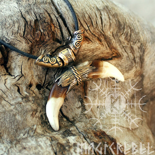 Viking Wolf Fangs Tribal Nordic Tusk Bronze Amulet Necklace