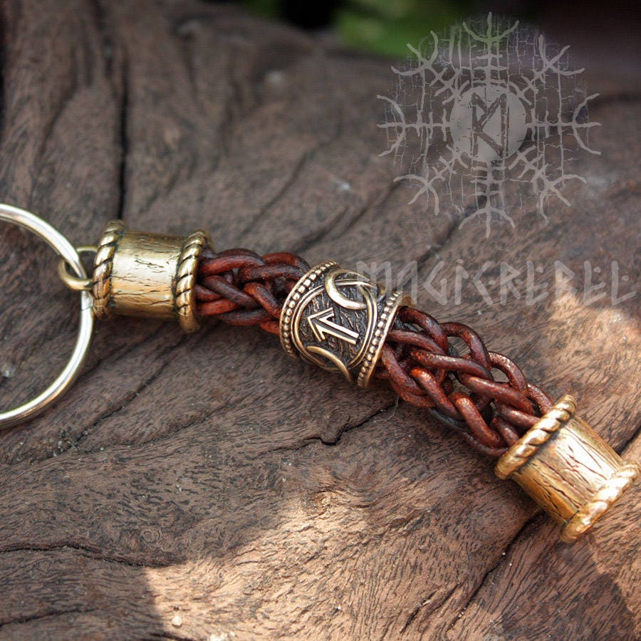 Teiwaz Algiz Runes Bead, Viking Handmade Braided Brown Genuine Leather Keychain Knot