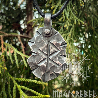 Forged Iron Love Rune Pendant, Viking Runic Amulet, Nordic Rustic Hammered Talisman Necklace