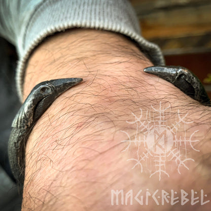 Forged Iron Arm Ring with Ravens, Odin Medieval Nordic Torc Bracelet