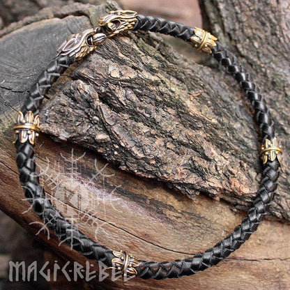Viking Wolf Heads Braided Genuine Leather Necklace, Bronze Leather Necklace