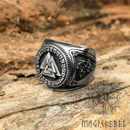 Silver Viking Valknut Mens Ring, Futhark Runes Odin Nordic Adjustable Size Ring