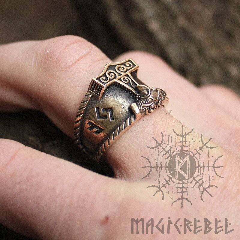 Viking Bronze AUJA Ring. Good Luck Runes, Mjolnir Thor Hammer Nordic Adjustable Size