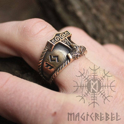 Viking Bronze AUJA Ring. Good Luck Runes, Mjolnir Thor Hammer Nordic Adjustable Size