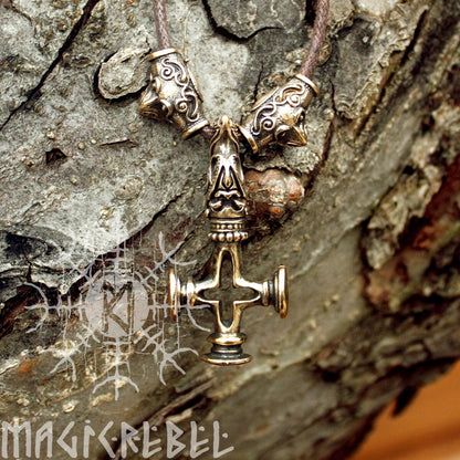 Mjolnir Thor Hammer Olaf Cross Wolf Ravens Viking Bronze Pendant Necklace