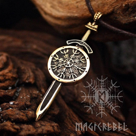 Viking Vegvisir Pendant, Aegishjalmur Pendant, Sword and Shield Protection Amulet, Nordic Necklace