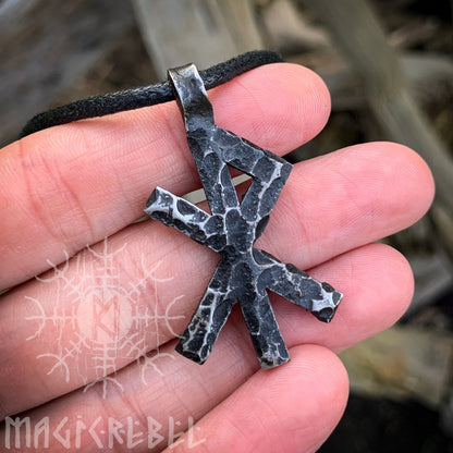 Forged Iron Love Rune Viking Amulet Runic Nordic Flat Pendant Talisman Necklace