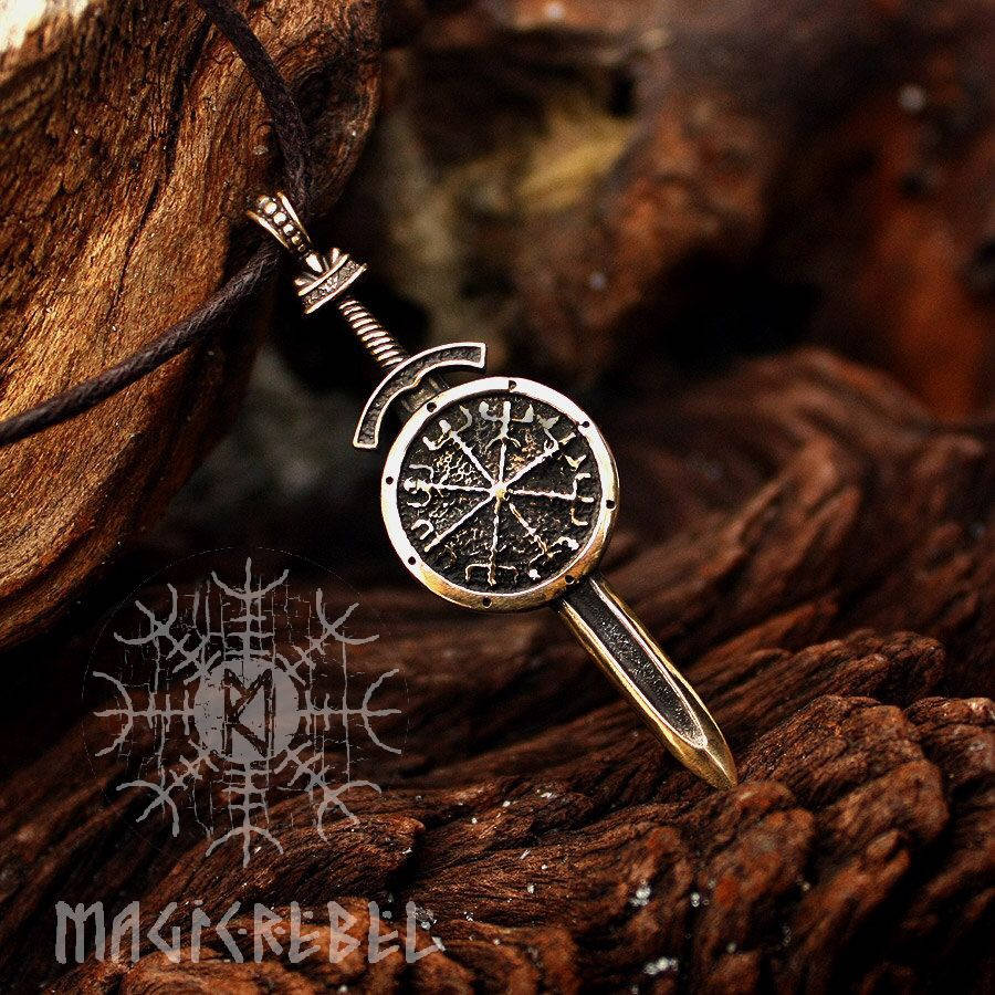Viking Vegvisir Pendant, Aegishjalmur Pendant, Sword and Shield Protection Amulet, Nordic Necklace
