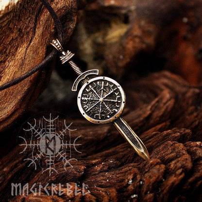 Viking Vegvisir Pendant, Aegishjalmur Pendant, Sword and Shield Protection Amulet, Nordic Necklace