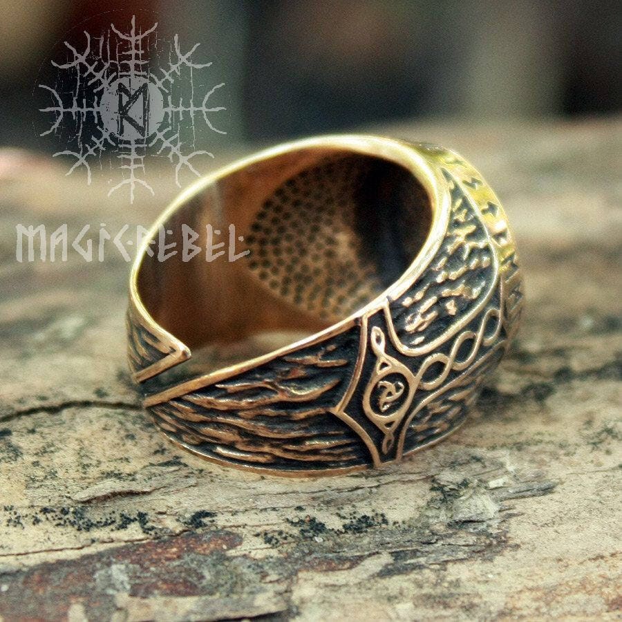 Viking Ring Vegvisir Futhark Runes Compass Magic Stave Nordic Adjustable Size Bronze