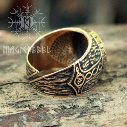 Viking Ring Vegvisir Futhark Runes Compass Magic Stave Nordic Adjustable Size Bronze