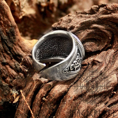 Silver Viking Valknut Mens Ring, Futhark Runes Odin Nordic Adjustable Size Ring