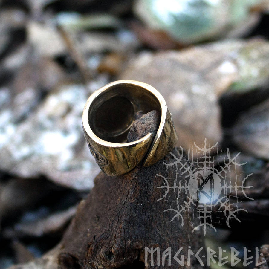Viking Style Vegvisir Bronze Ring, Adjustable Size Nordic Futhark Jewelry