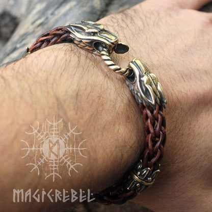 Viking Handmade Braided Brown Round Genuine Leather Bracelet with Bronze Wolf Heads