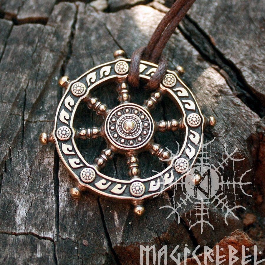 Dharma Necklace, Dharmachakra, Wheel of Life, Samsara Bronze Amulet, Buddhist Talisman Pendant