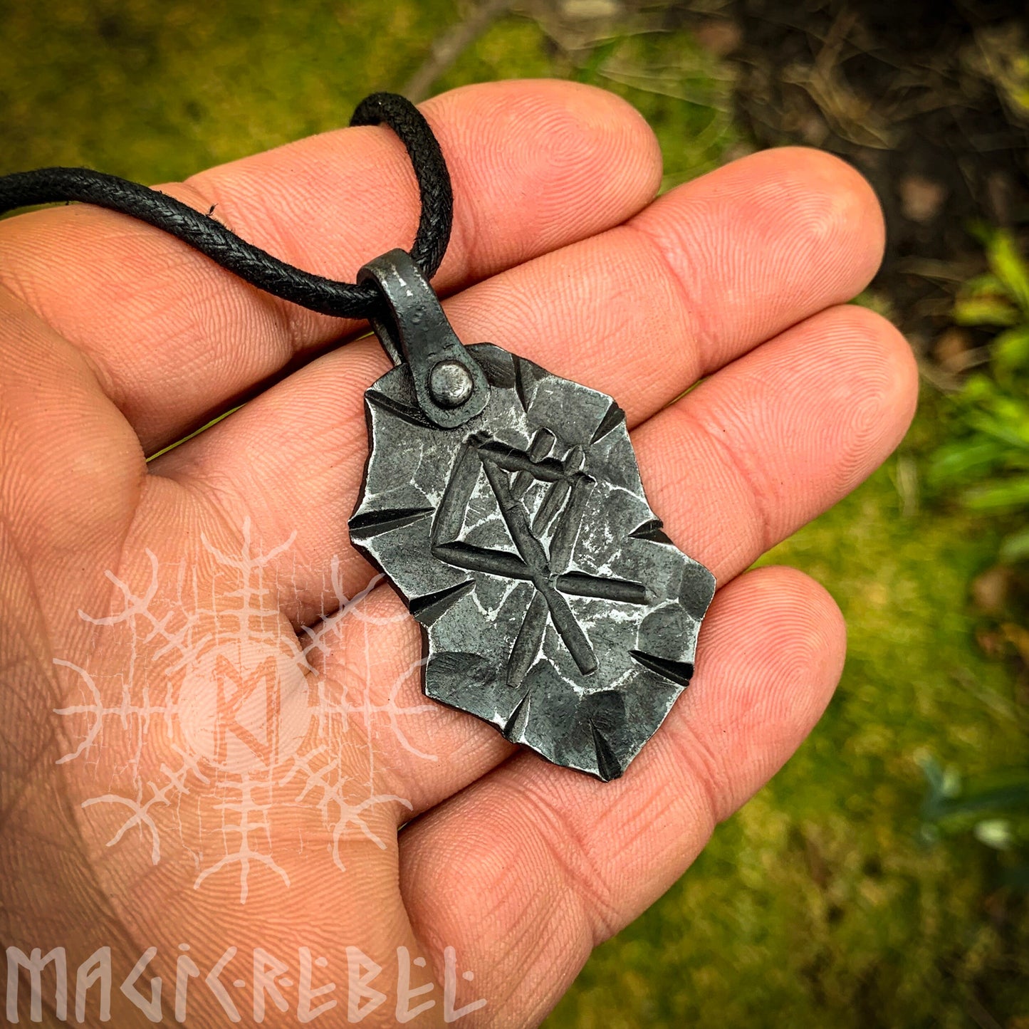 Forged Iron Wolf Rune Pendant, Viking Fenrir Runic Amulet, Nordic Rustic Hammered Talisman Necklace