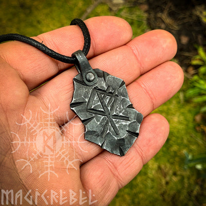 Forged Iron Wolf Rune Pendant, Viking Fenrir Runic Amulet, Nordic Rustic Hammered Talisman Necklace