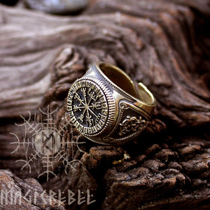 Viking Style Vegvisir Bronze Ring, Adjustable Size Nordic Futhark Jewelry