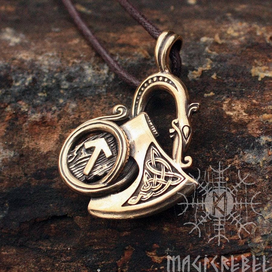 Viking Sekira Axe Dragon Pendant, Tiwaz Rune Nordic Bronze Necklace